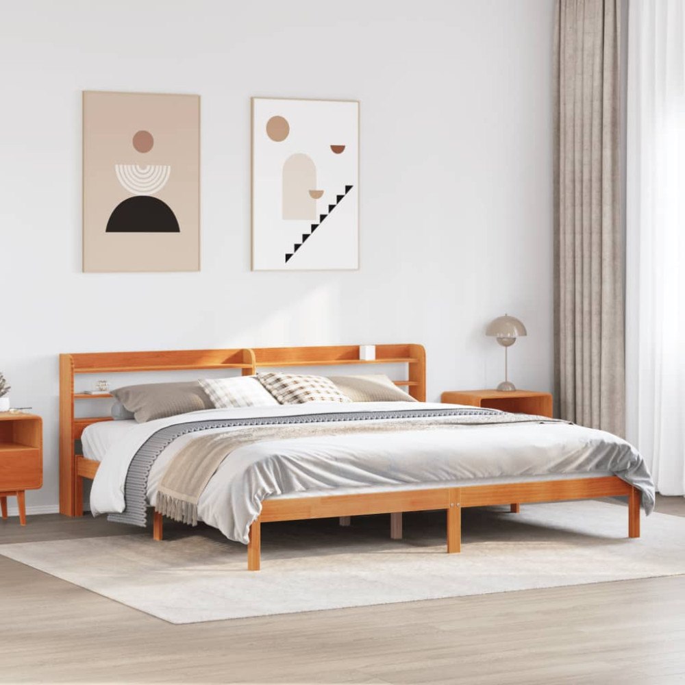 vidaXL Sängram med huvudgavel vaxbrun 200x200 cm massiv furu