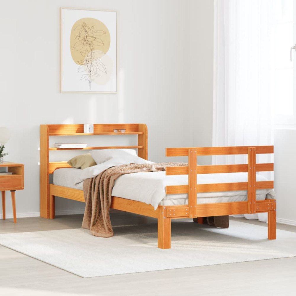 vidaXL Sängram med huvudgavel vaxbrun 75x190 cm massiv furu