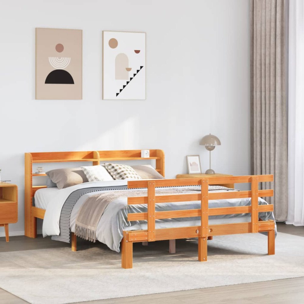 vidaXL Sängram med huvudgavel vaxbrun 140x190 cm massiv furu