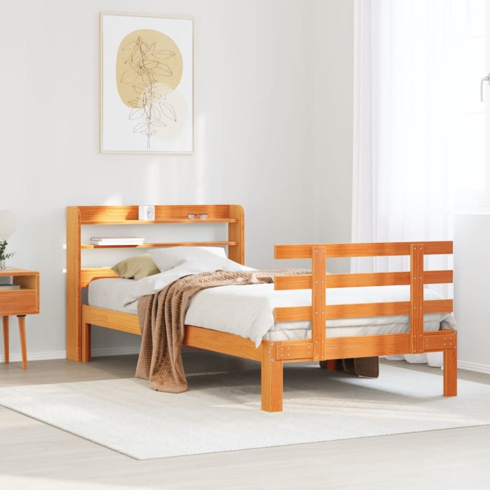 vidaXL Sängram med huvudgavel vaxbrun 100x200 cm massiv furu