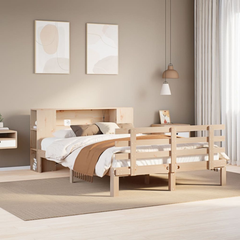vidaXL Säng med bokhylla utan madrass 135x190cm massiv furu