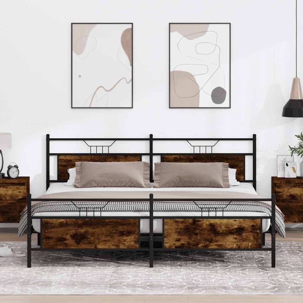 vidaXL Sängram utan madrass metall rökfärgad ek 200x200 cm