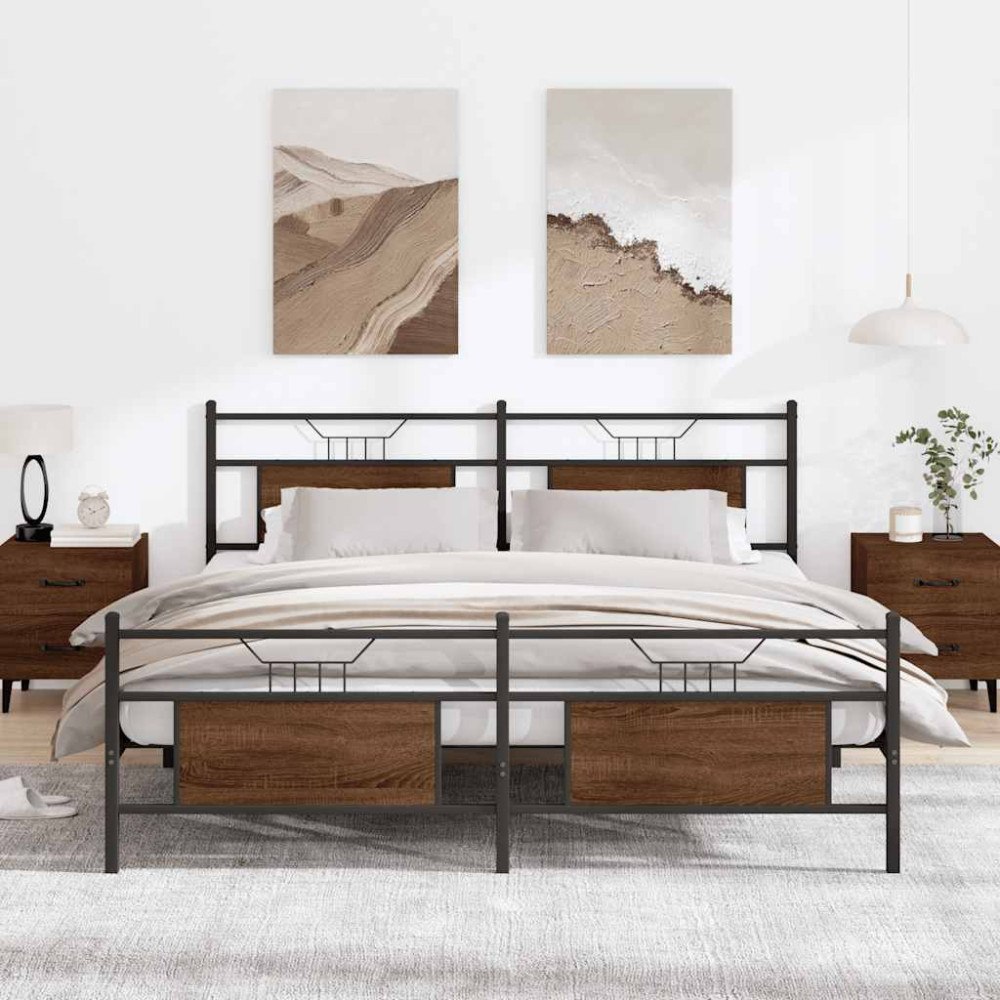 vidaXL Sängram utan madrass metall brun ek 160x200 cm