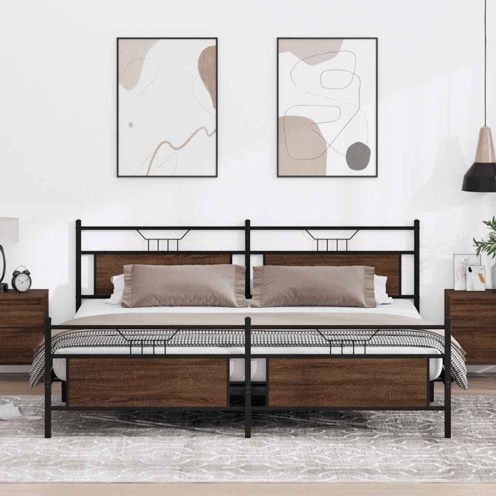vidaXL Sängram utan madrass metall brun ek 193x201 cm