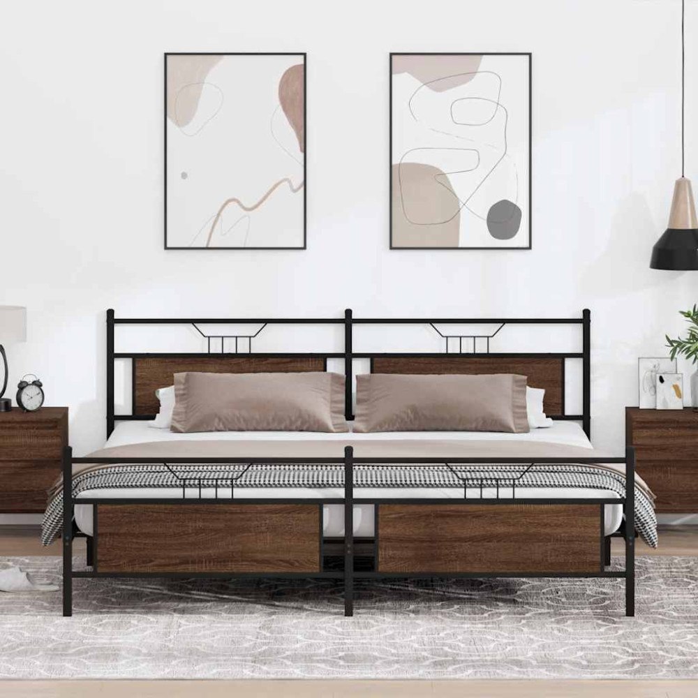 vidaXL Sängram utan madrass metall brun ek 200x200 cm