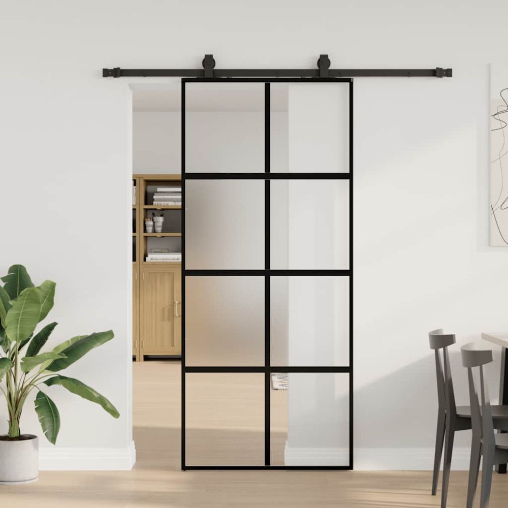 vidaXL Skjutdörr med beslagssats svart 90x205 cm härdat glas