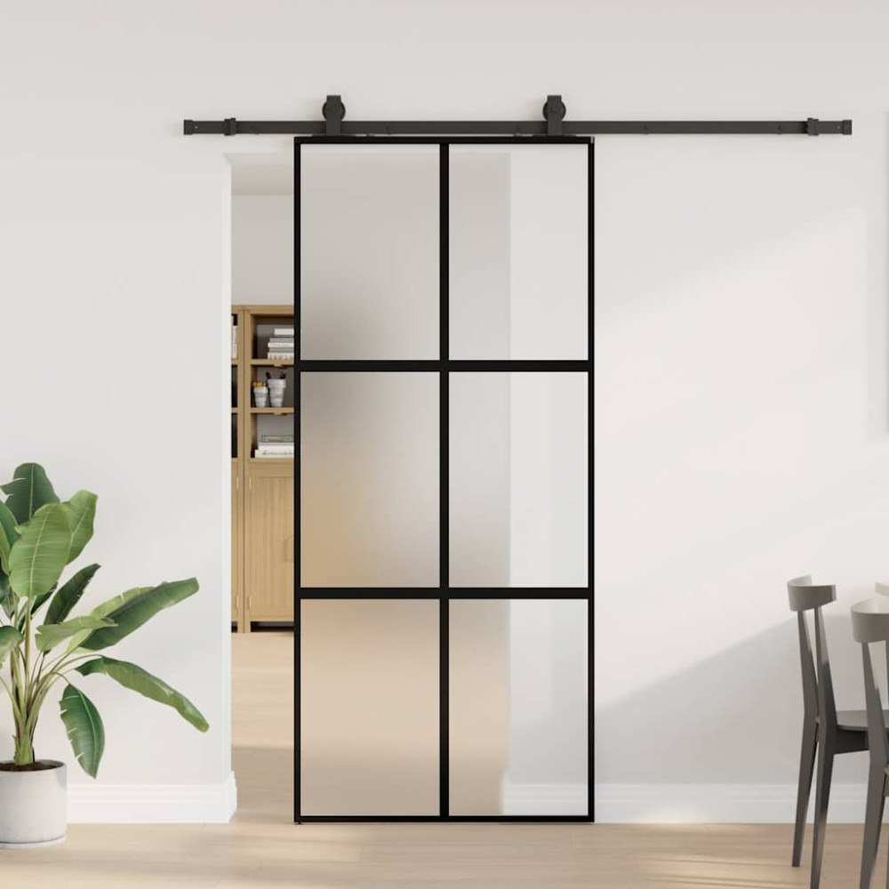 vidaXL Skjutdörr med beslagssats svart 90x205 cm härdat glas