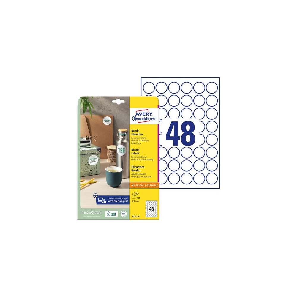 AVERY Etikett AVERY papper Ø30mm vit 480/fp