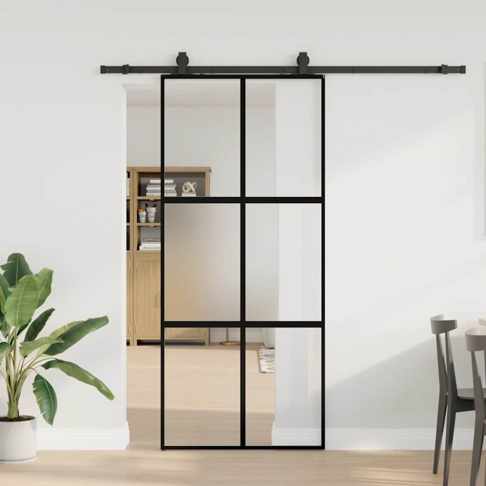 vidaXL Skjutdörr med beslagssats svart 90x205 cm härdat glas