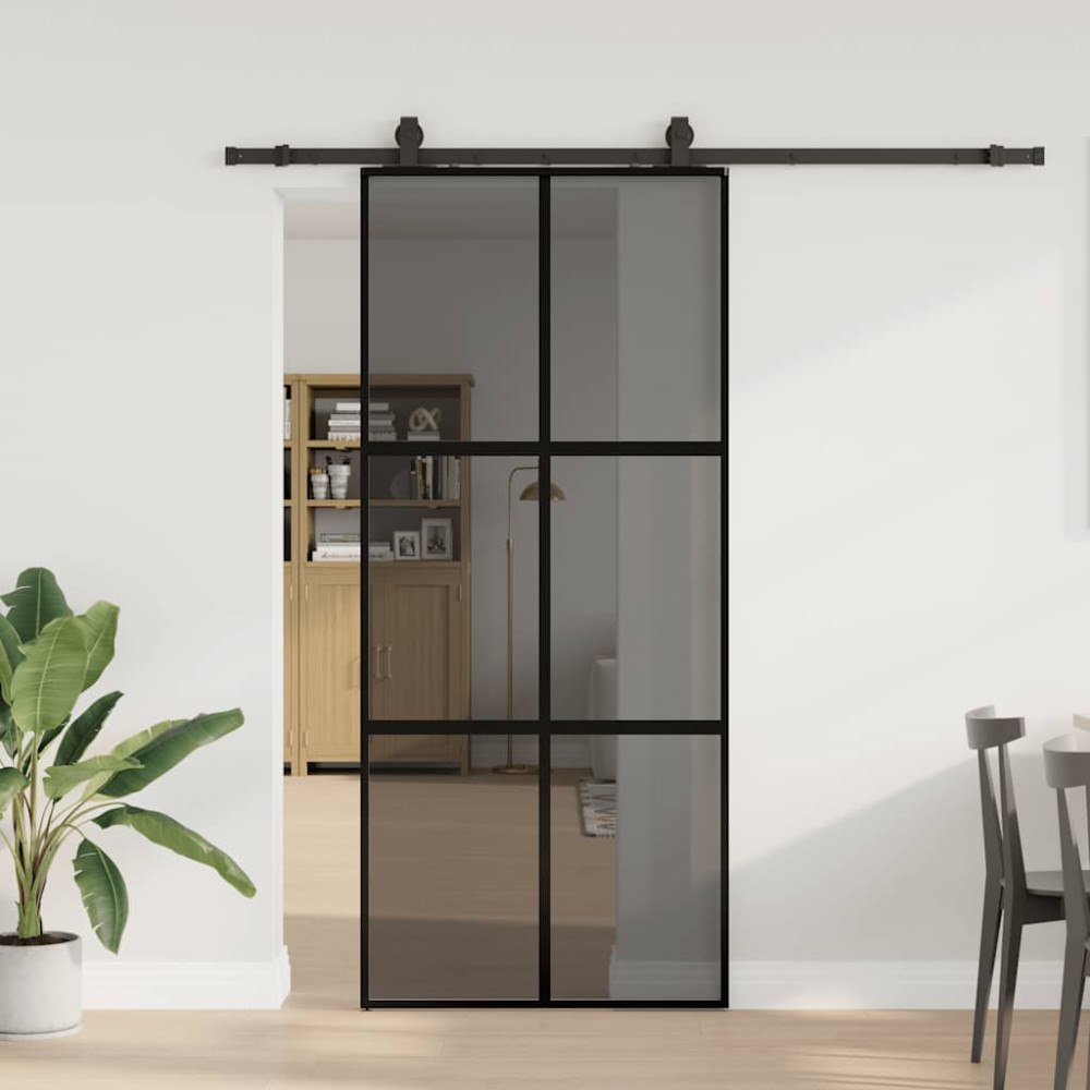 vidaXL Skjutdörr med beslagssats svart 90x205 cm härdat glas