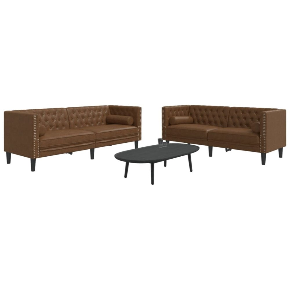 vidaXL Soffgrupp chesterfield 2 delar bolsterkuddar brun konstmocka