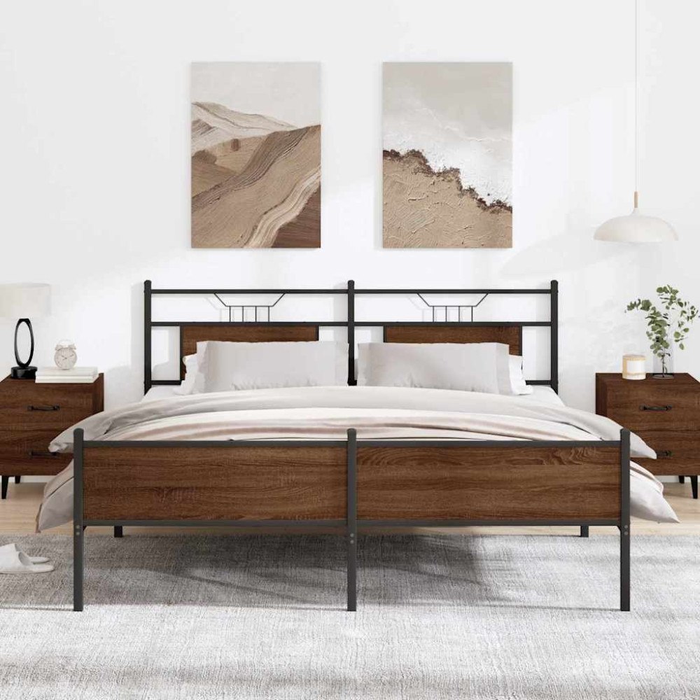 vidaXL Sängram utan madrass metall brun ek 160x200 cm