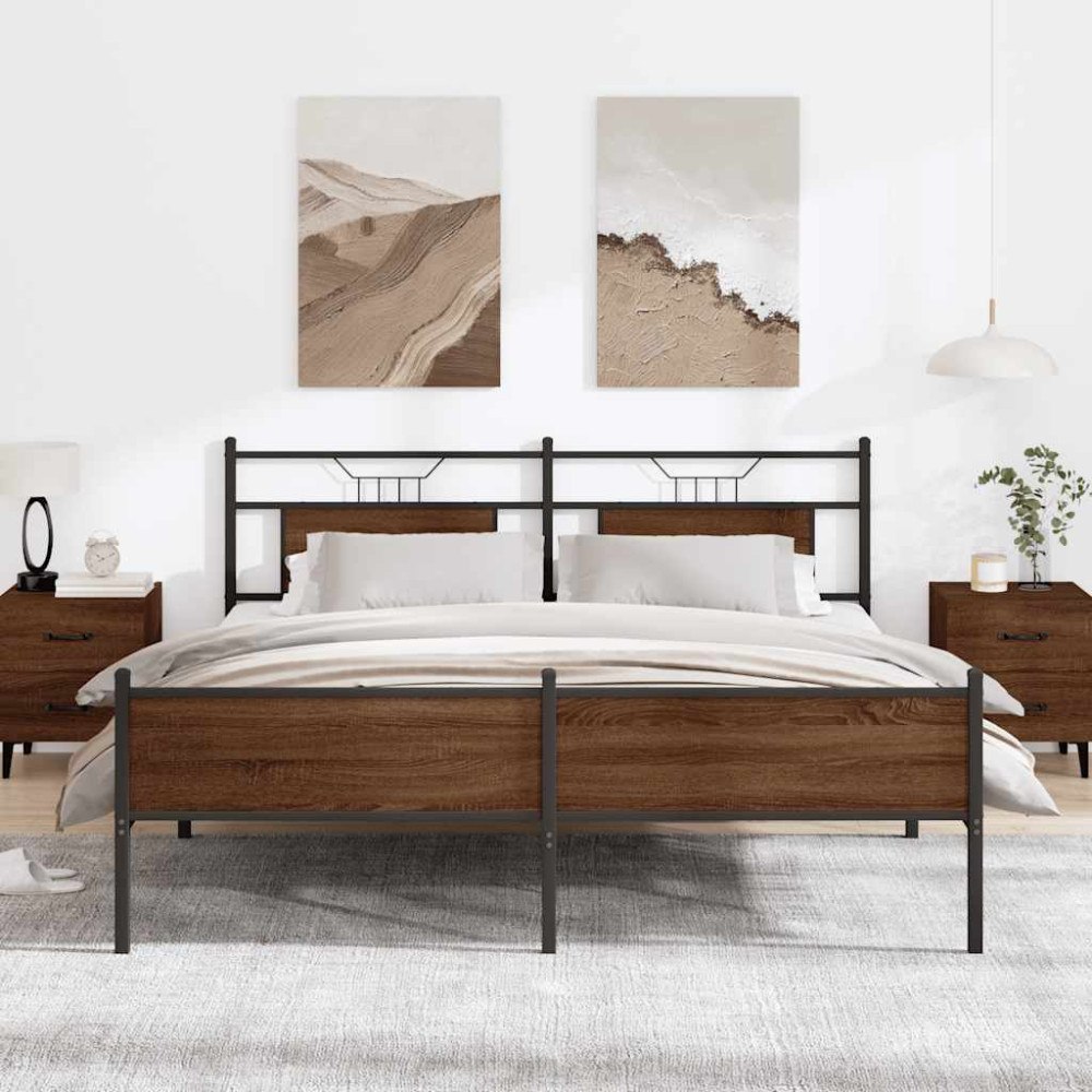 vidaXL Sängram utan madrass metall brun ek 180x200 cm