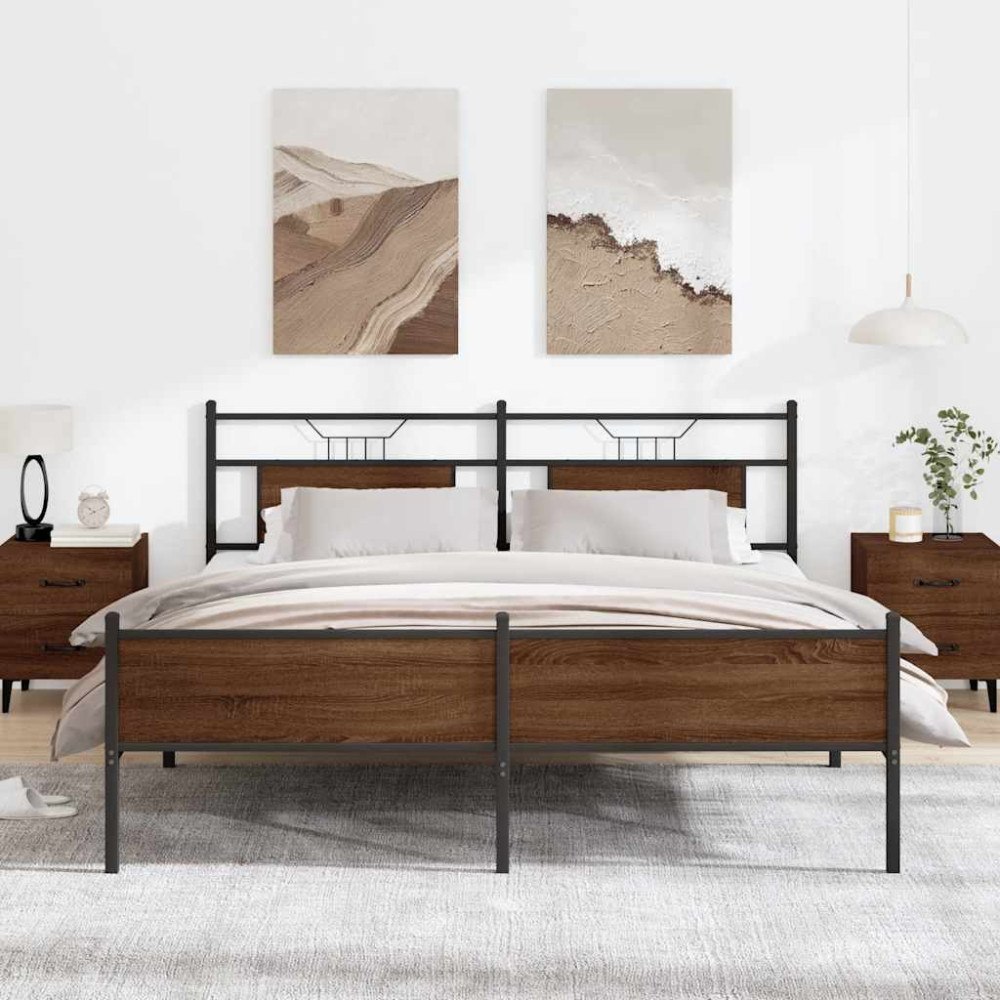 vidaXL Sängram utan madrass metall brun ek 183x213 cm