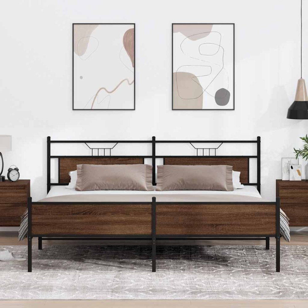 vidaXL Sängram utan madrass metall brun ek 193x201 cm
