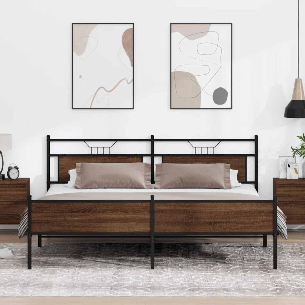vidaXL Sängram utan madrass metall brun ek 200x200 cm
