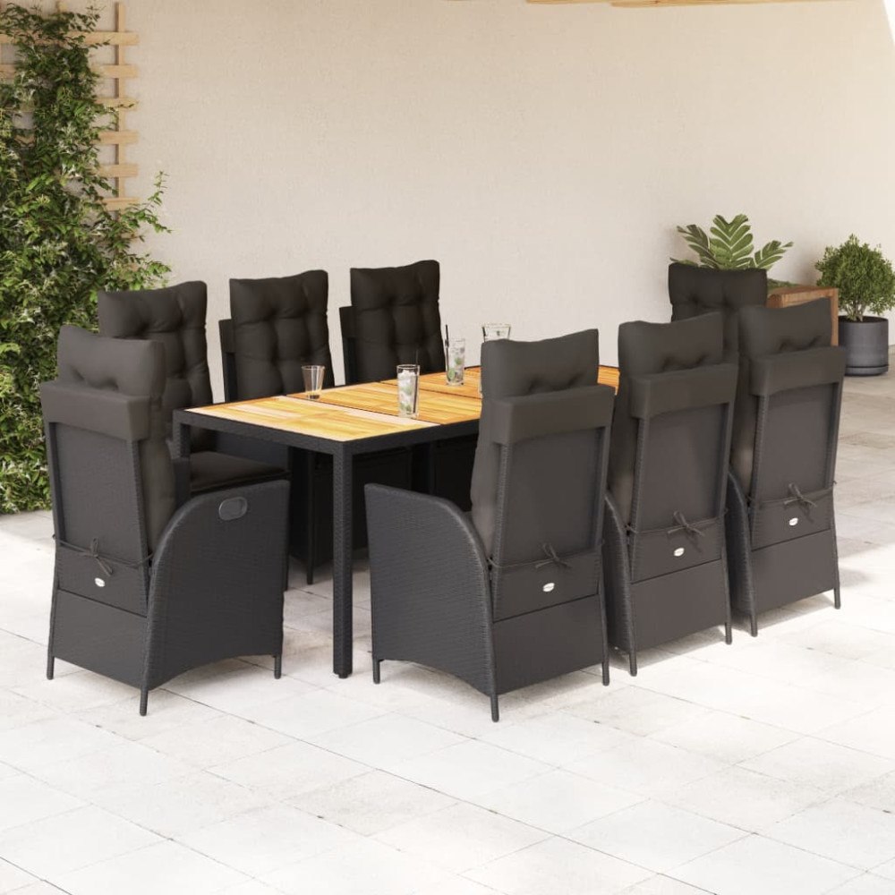 vidaXL Matgrupp för trädgården med dynor 9 delar svart konstrottning