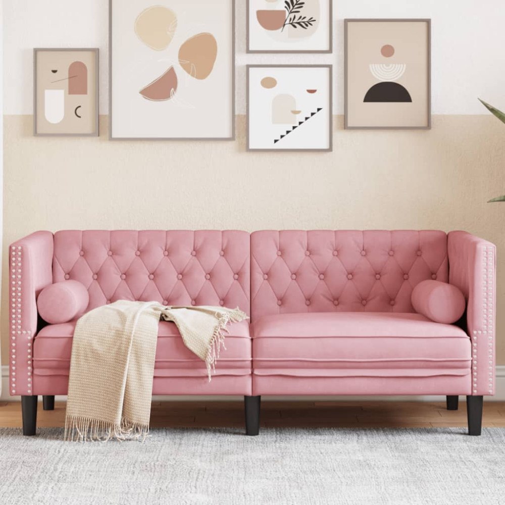 vidaXL Chesterfieldsoffa med bolsterkuddar 2-sits rosa sammet