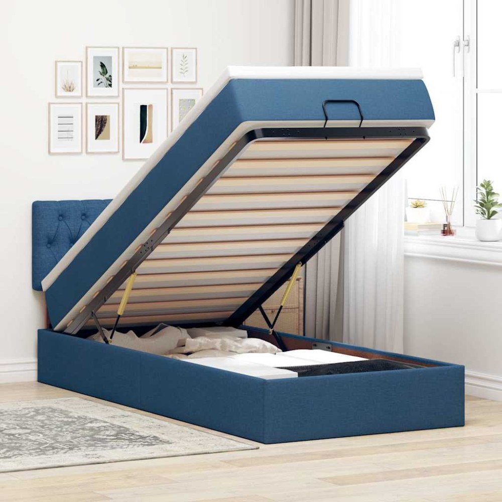 vidaXL Ottoman sängram med madrass blå 80x200 cm tyg