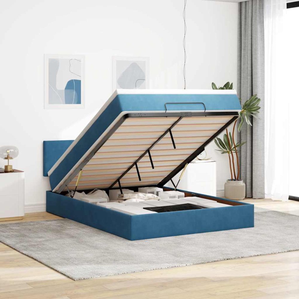 vidaXL Ottoman sängram med madrass mörkblå 140x200 cm sammet
