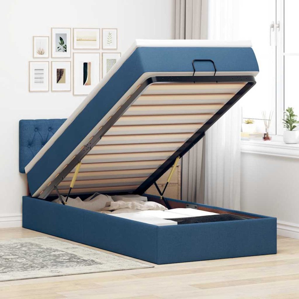 vidaXL Ottoman sängram med madrass blå 80x200 cm tyg
