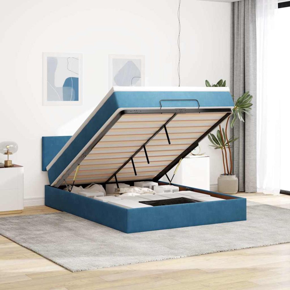 vidaXL Ottoman sängram med madrass mörkblå 140x200 cm sammet