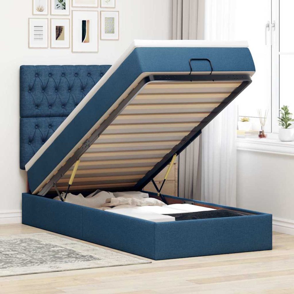vidaXL Ottoman sängram med madrass blå 80x200 cm tyg