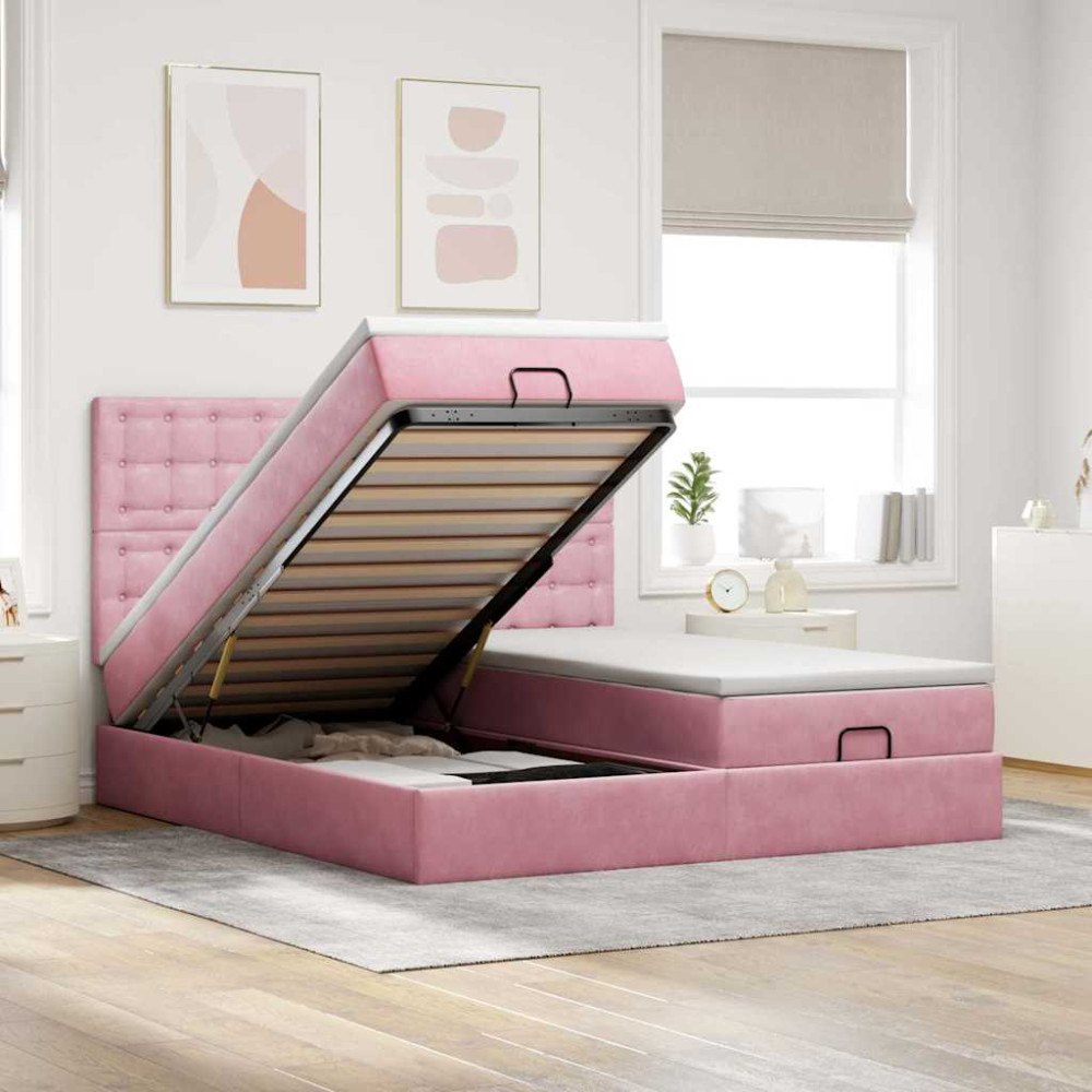 vidaXL Ottoman sängram med madrasser rosa 160x200 cm sammet