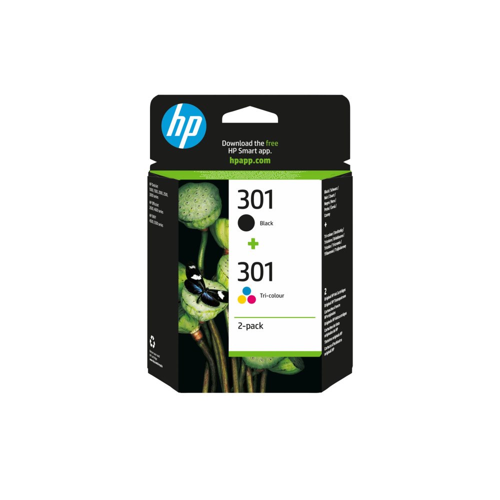 Hewlett-Packard HP 301 - 2-pack - svart, färg (cyan, magenta, gul) - original - bläckpatron