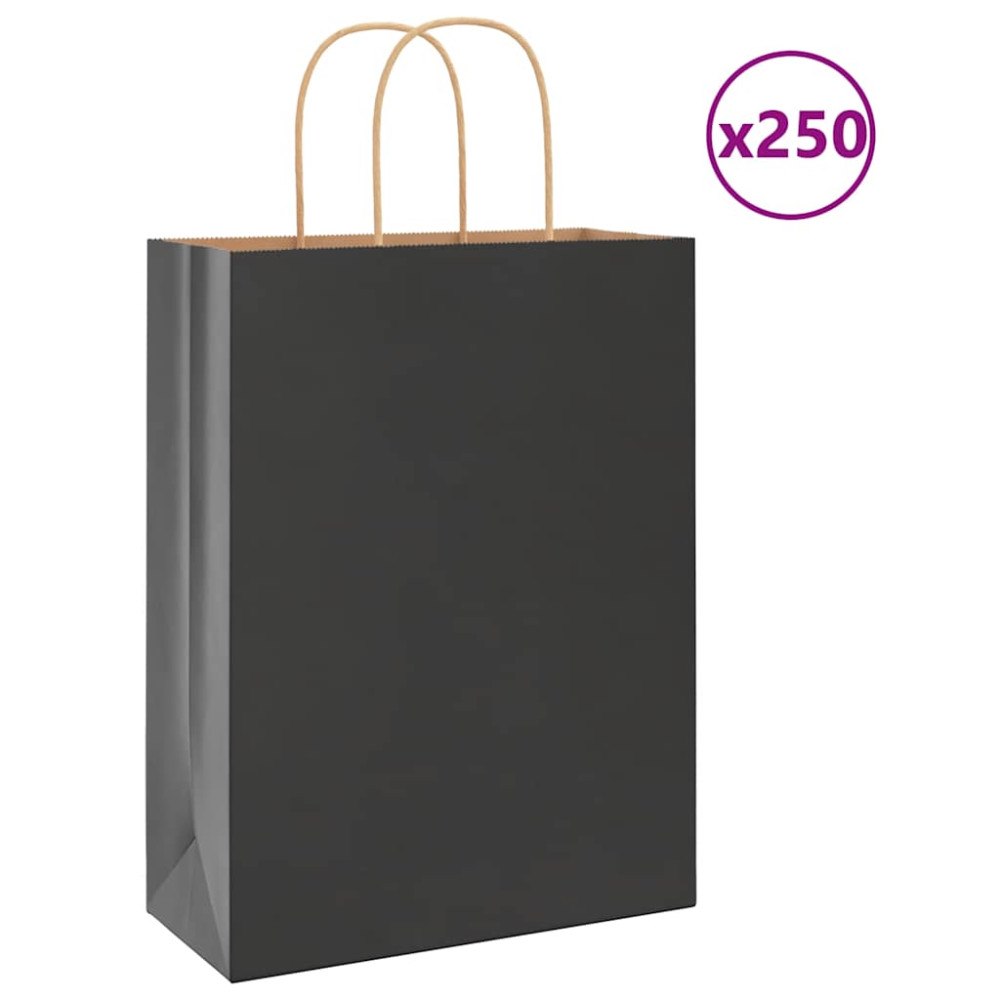 vidaXL Papperspåsar 250 st med handtag svart 26x12x35 cm
