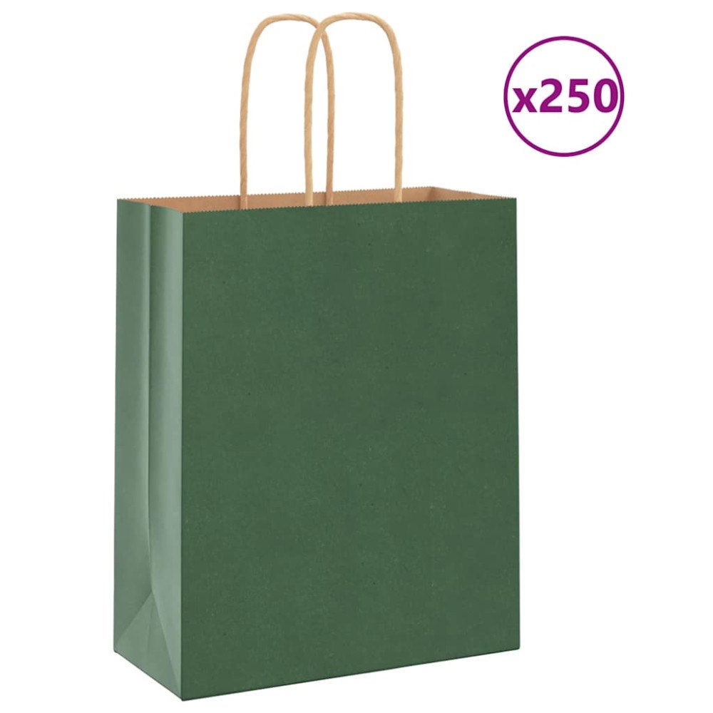 vidaXL Papperspåsar 250 st med handtag grön 18x8x22 cm