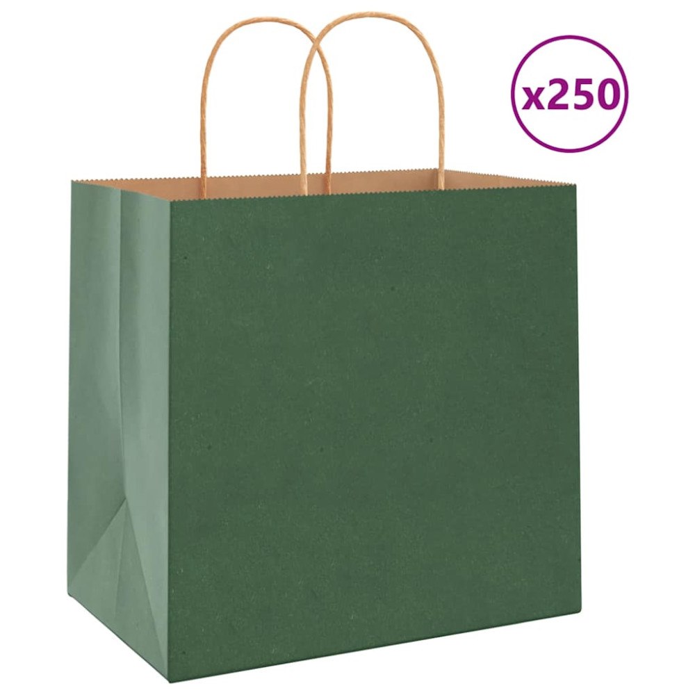 vidaXL Papperspåsar 250 st med handtag grön 26x17x25 cm