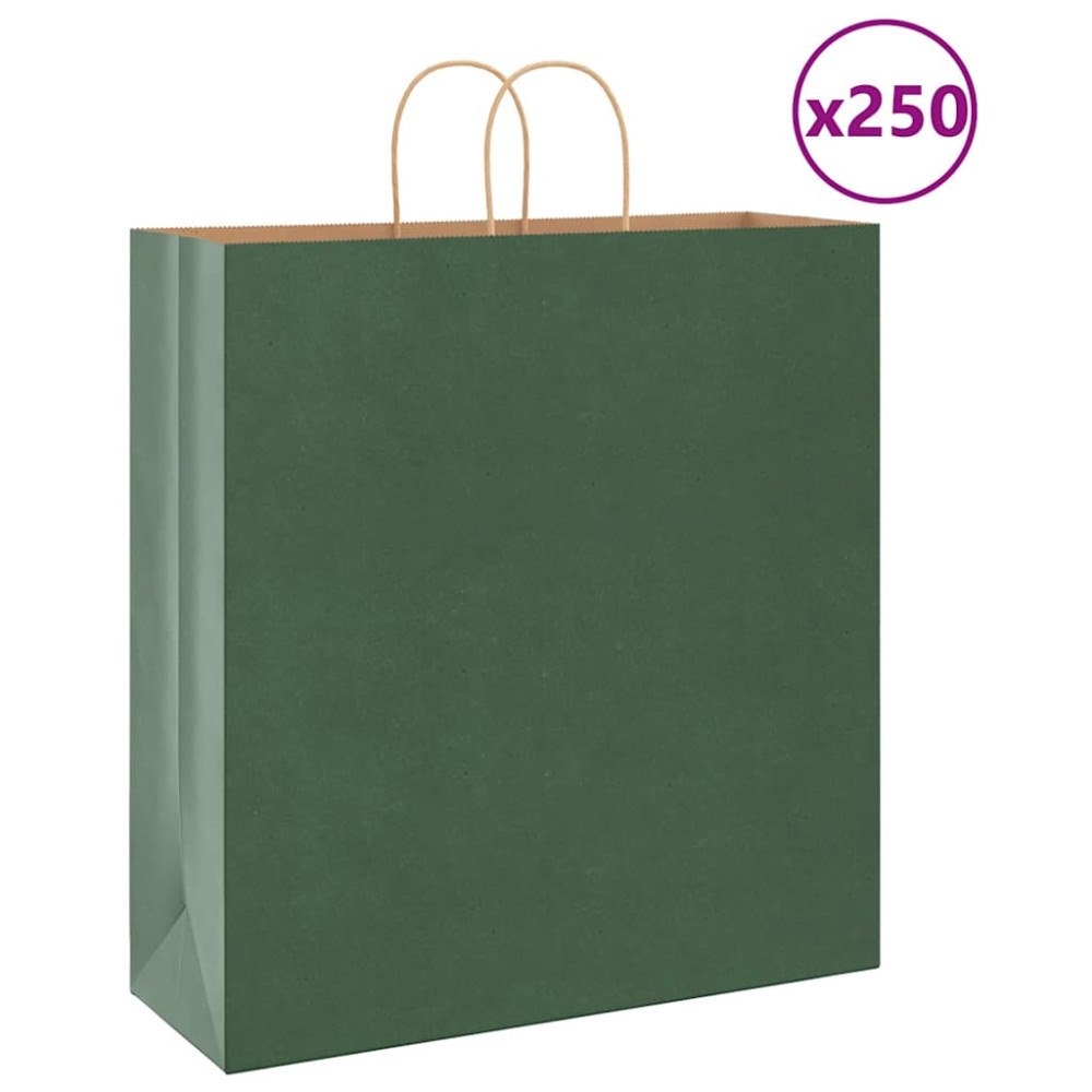 vidaXL Papperspåsar 250 st med handtag grön 45x17x48 cm