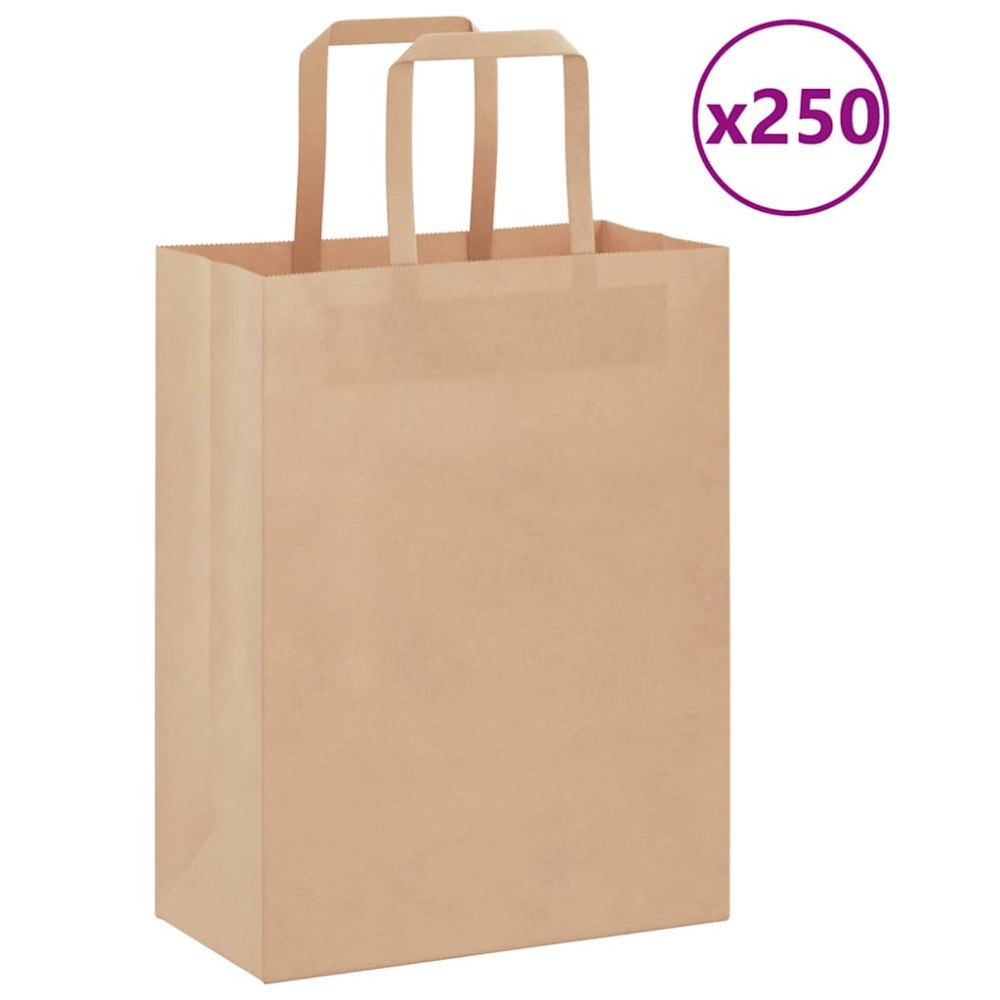vidaXL Papperspåsar 250 st med handtag brun 21x11x28 cm