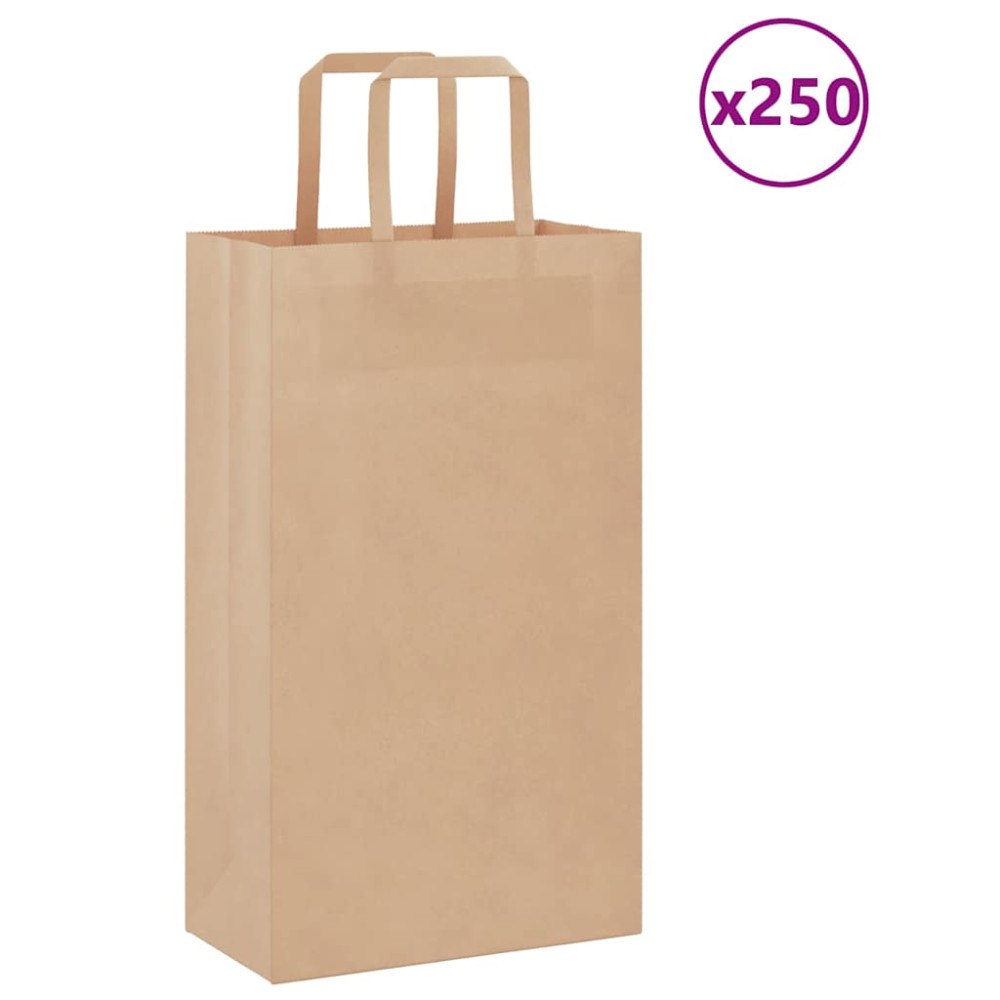 vidaXL Papperspåsar 250 st med handtag brun 21x11x36 cm