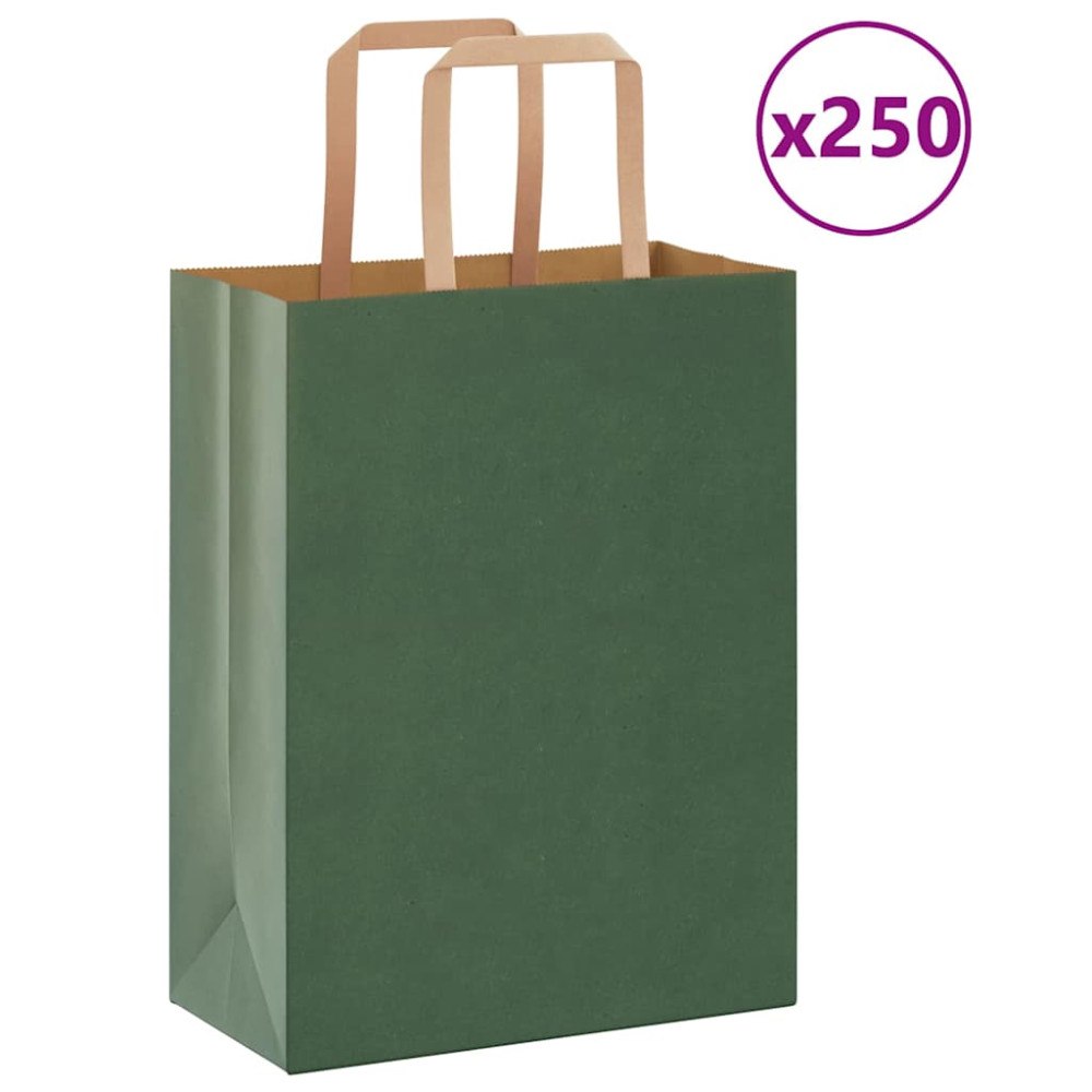 vidaXL Papperspåsar 250 st med handtag grön 21x11x28 cm