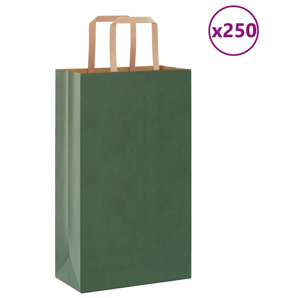 vidaXL Papperspåsar 250 st med handtag grön 21x11x36 cm
