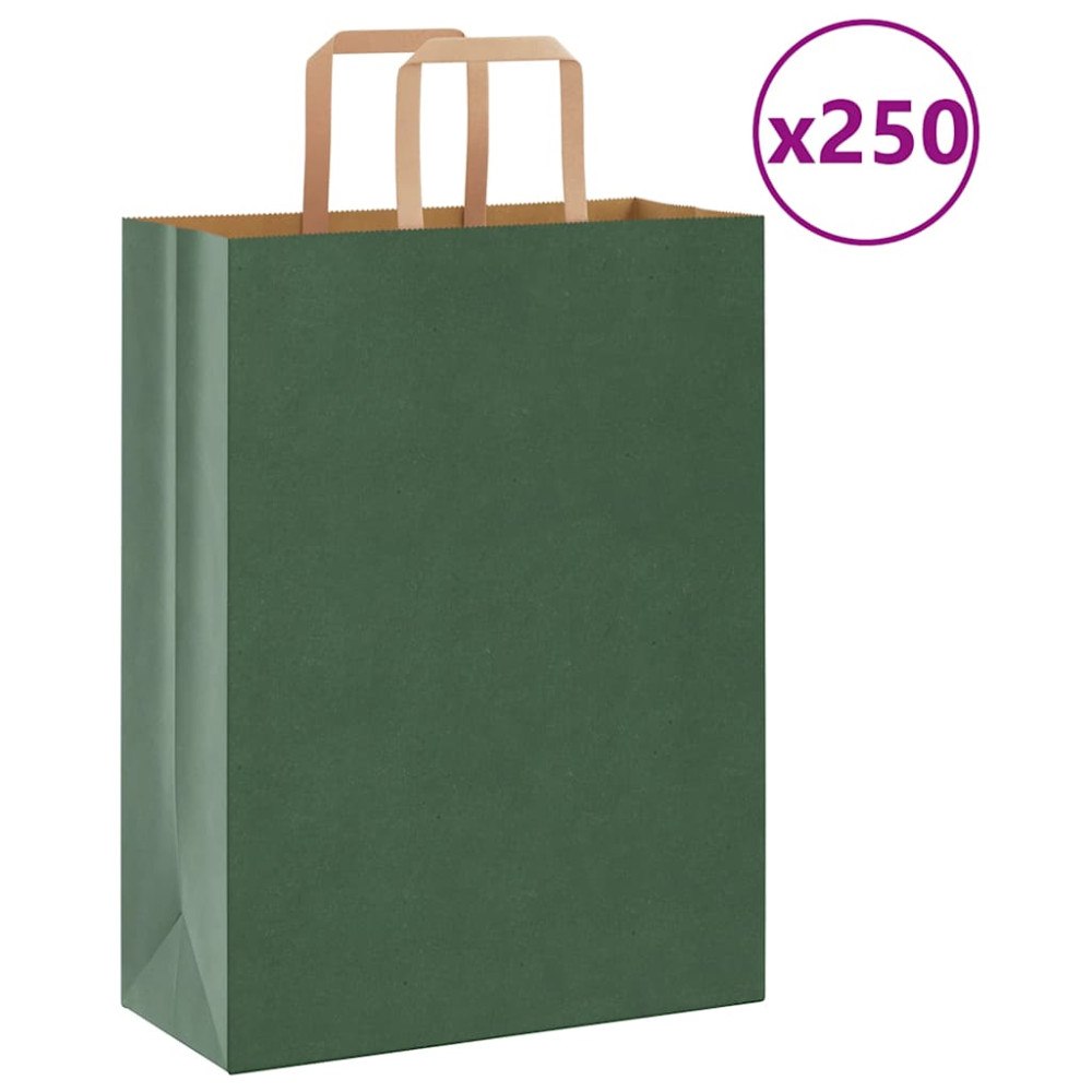 vidaXL Papperspåsar 250 st med handtag grön 26x12x35 cm