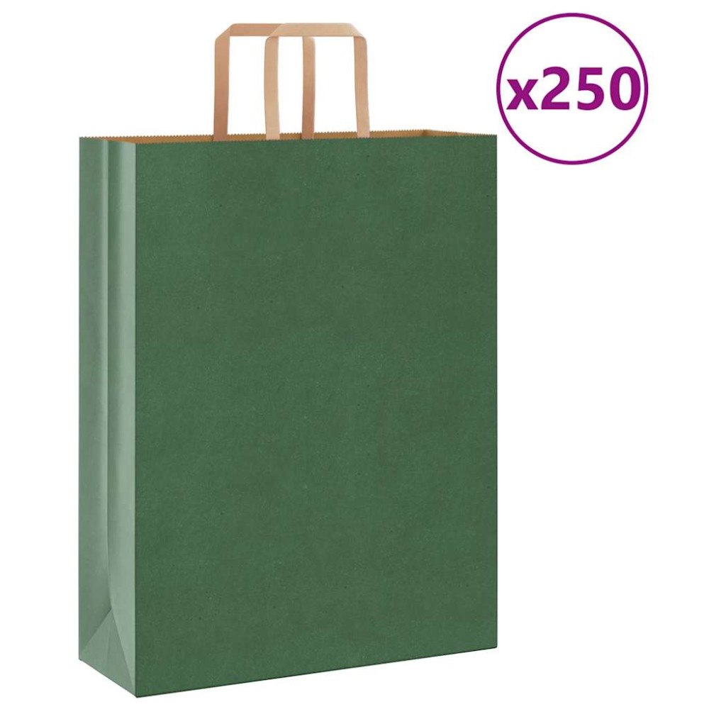 vidaXL Papperspåsar 250 st med handtag grön 32x12x42 cm