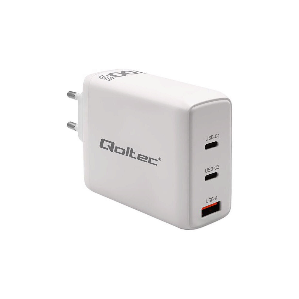 Qoltec Qoltec strömadapter - GaN, 5-20V, 1,5-5A - USB, 2 x 24-stifts USB-C (PD) - 100 Watt