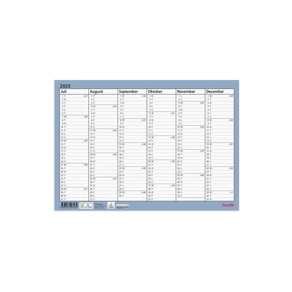 Burde Väggkalender Väggblad A4 25/26