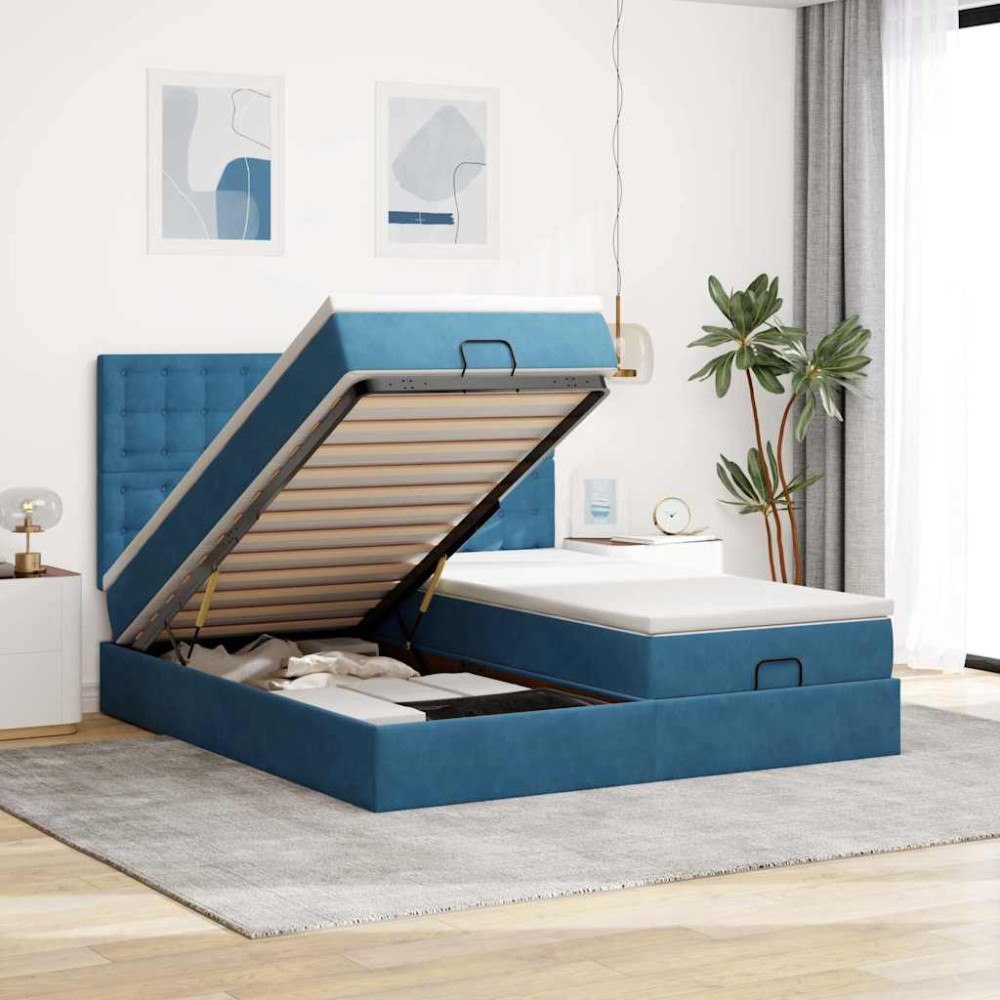 vidaXL Ottoman sängram med madrasser mörkblå 160x200 cm sammet