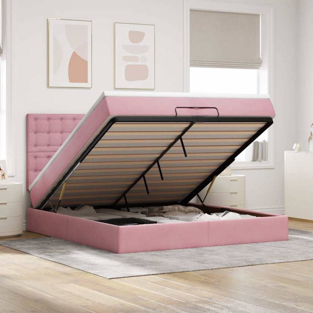 vidaXL Ottoman sängram med madrasser rosa 200x200 cm sammet