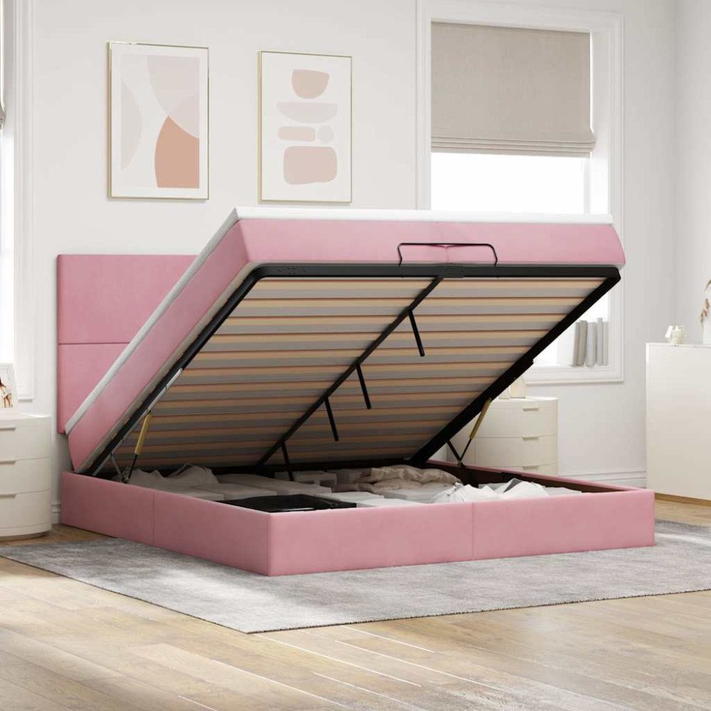 vidaXL Ottoman sängram med madrasser rosa 200x200 cm sammet