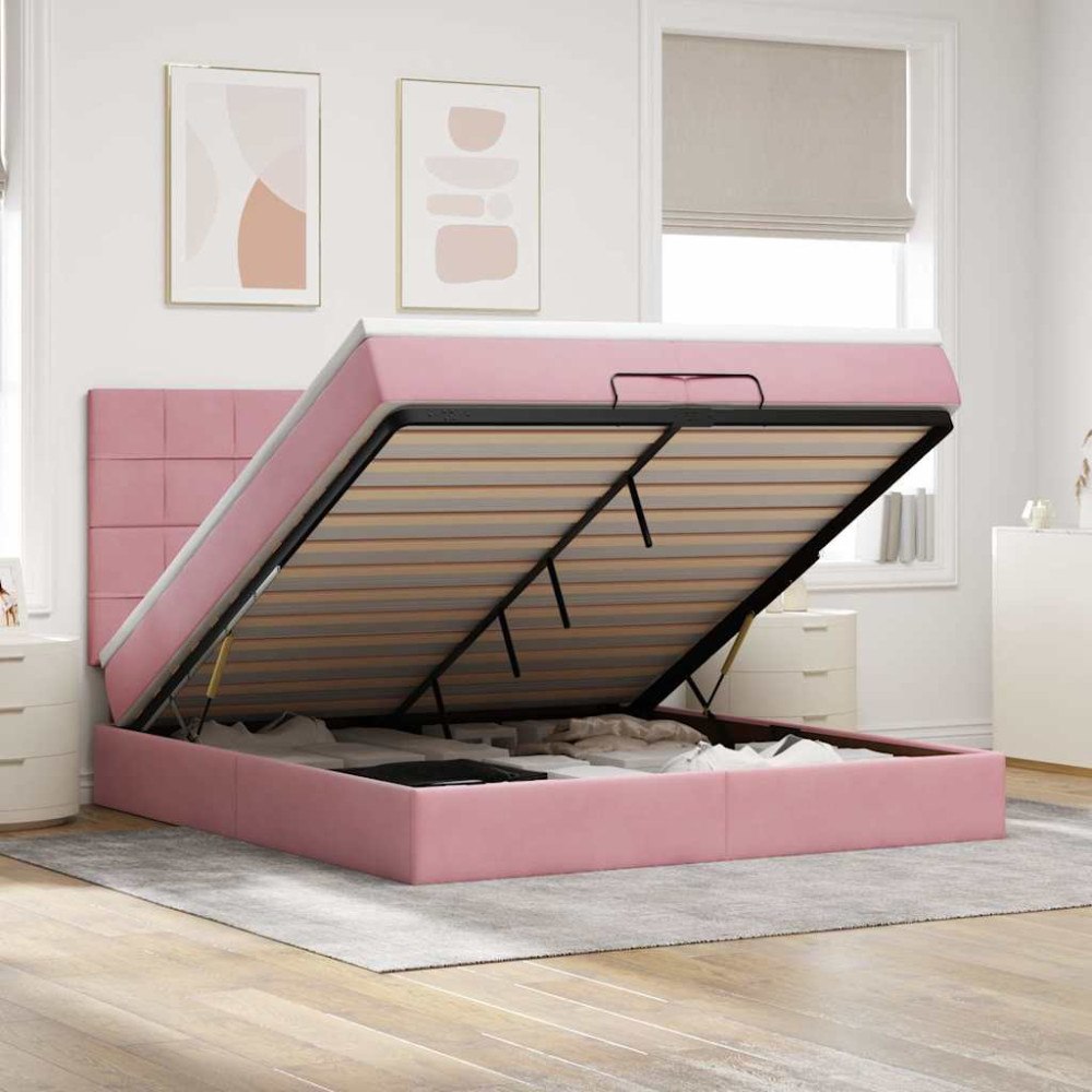 vidaXL Ottoman sängram med madrasser rosa 200x200 cm sammet