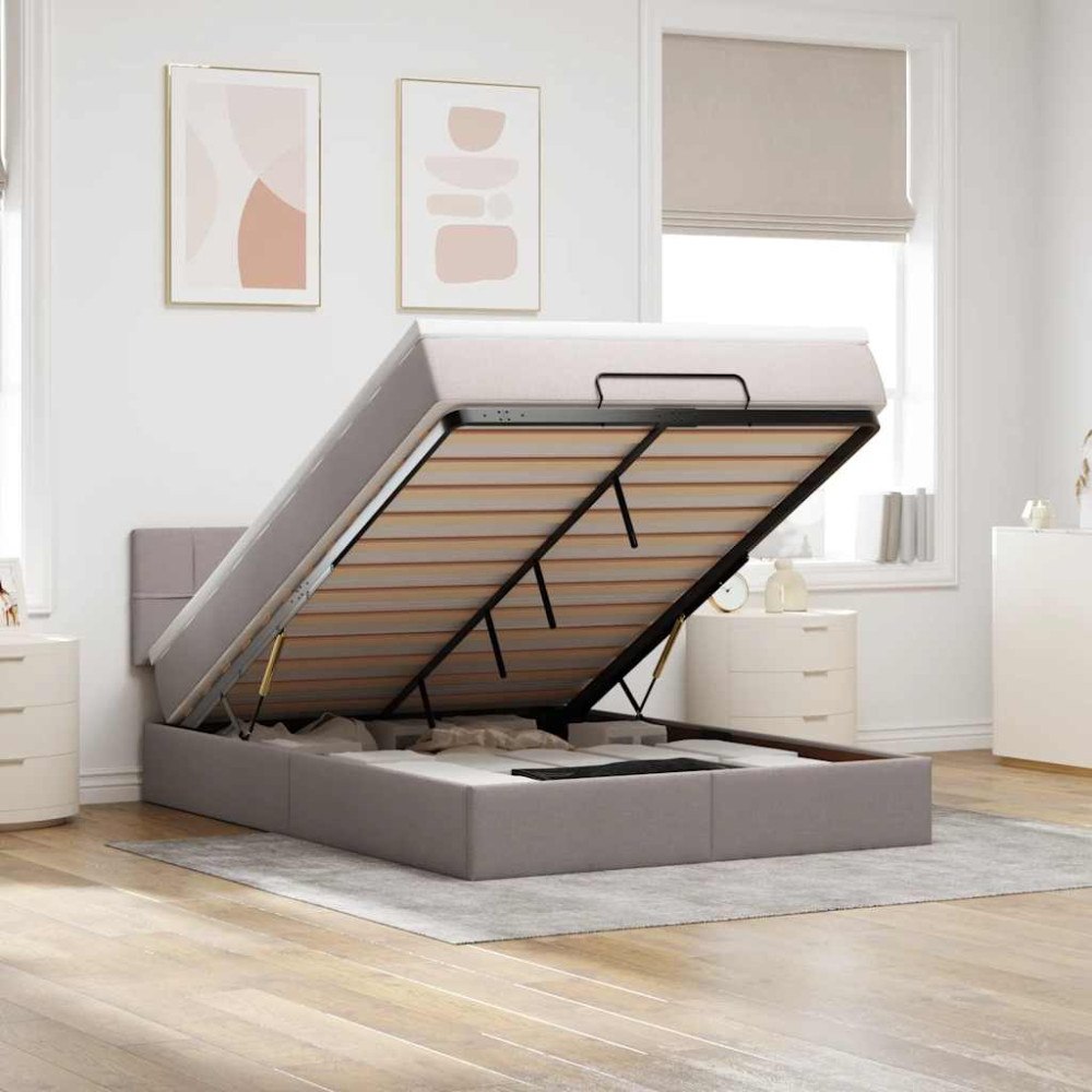 vidaXL Ottoman säng med madrass och LED-lampor taupe 140x190 cm tyg