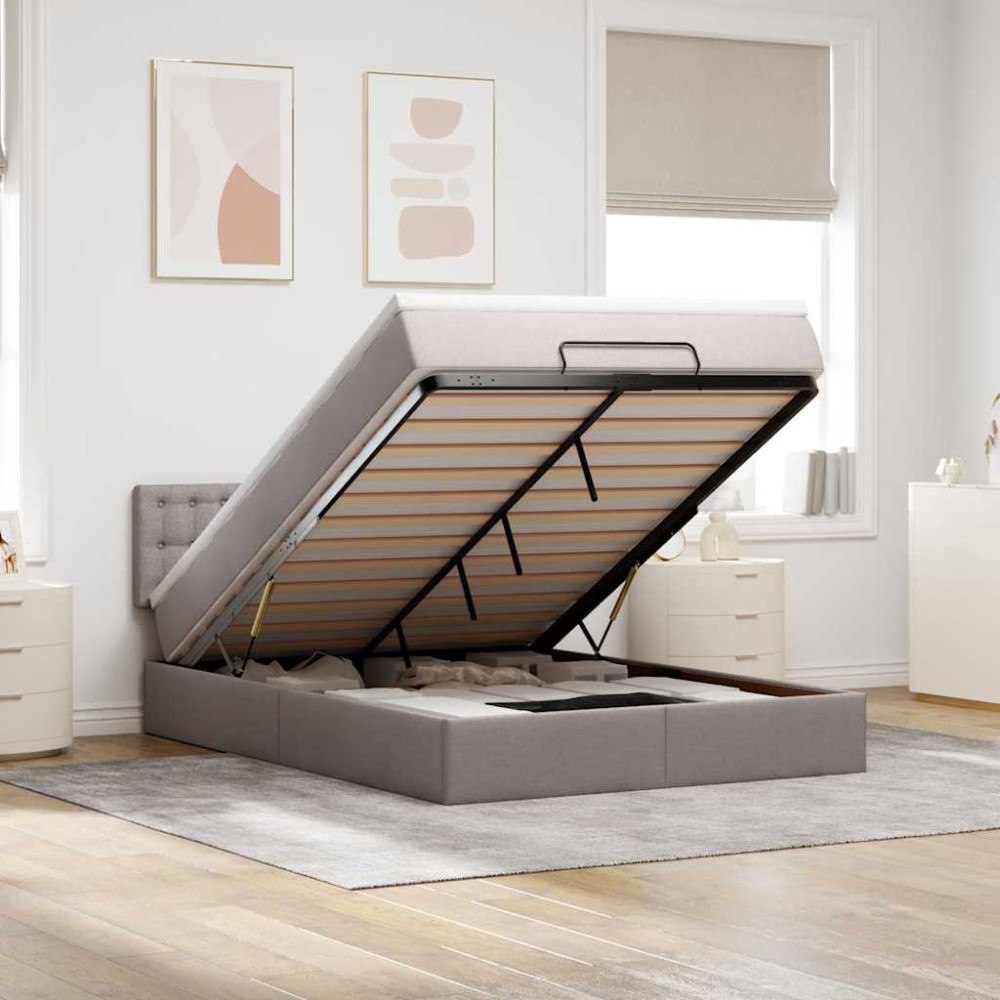 vidaXL Ottoman säng med madrass och LED-lampor taupe 140x190 cm tyg
