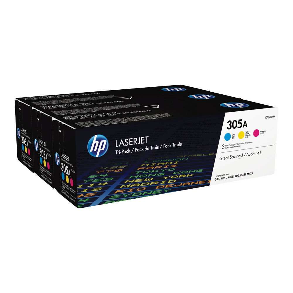 Hewlett-Packard HP 305A - 3-pack - gul, cyan, magenta - original - LaserJet - tonerkassett (CF370AM)