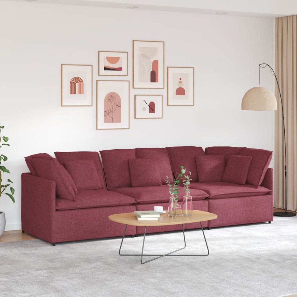vidaXL Modulsoffa med dynor i tyg vinröd