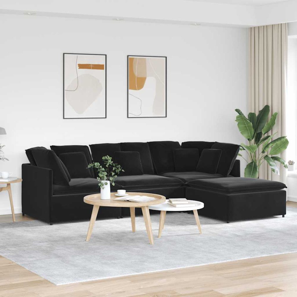 vidaXL Modulsoffa med fotpall och dynor sammet svart